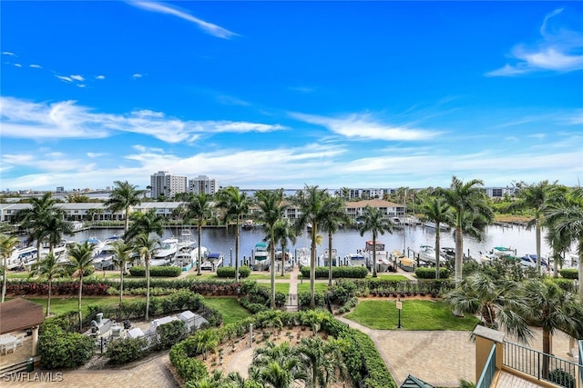 view of water feature with a boat dock