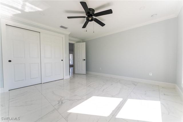 unfurnished bedroom featuring a closet, ceiling fan, and ornamental molding