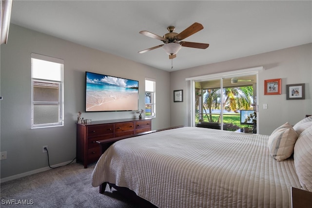 carpeted bedroom featuring access to exterior and ceiling fan