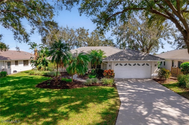 ranch-style home with a front yard and a garage