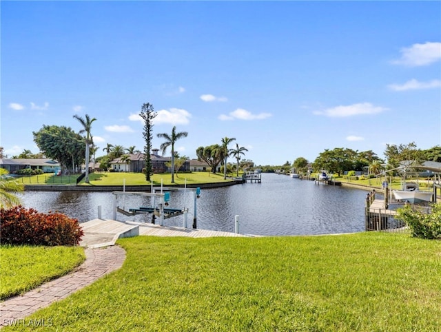 view of water feature with a dock