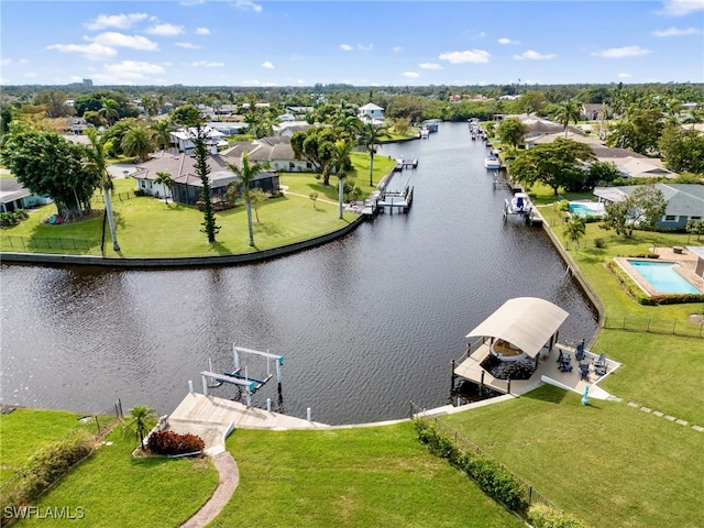 aerial view featuring a water view