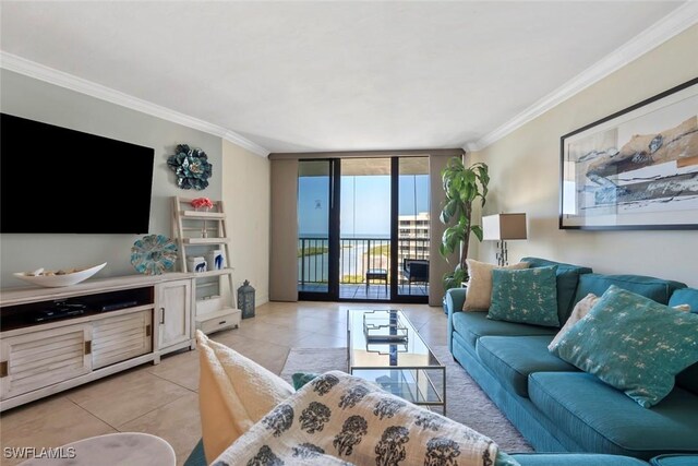 380 Seaview Ct Unit 1808, Marco Island, FL 34145 - tiled living area featuring crown molding and a wall of windows