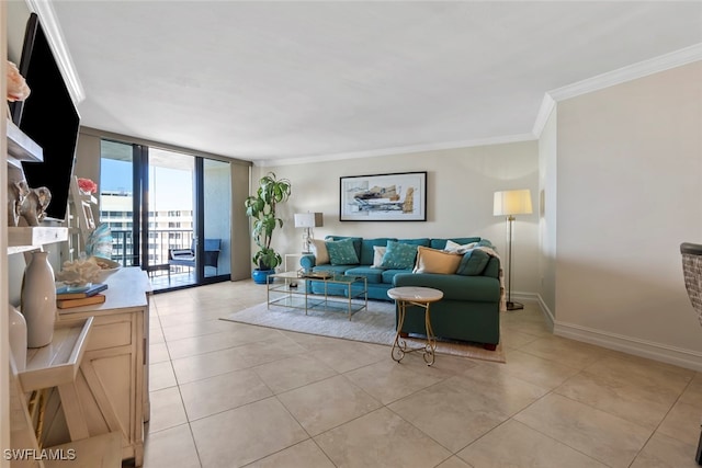 tiled living room with crown molding and expansive windows