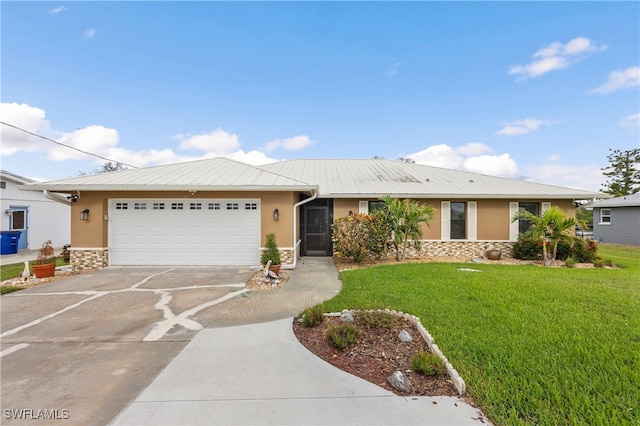 single story home with a front yard and a garage