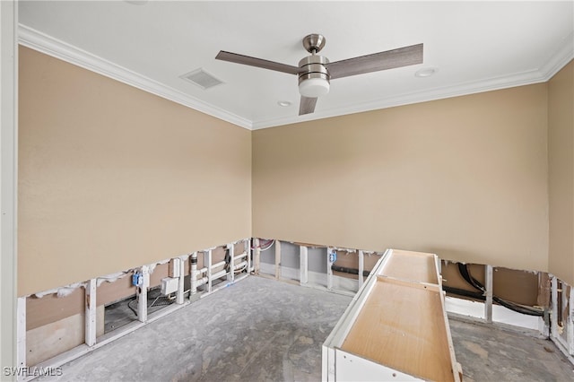 misc room with ceiling fan and ornamental molding