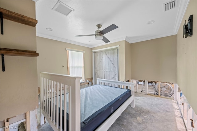 bedroom featuring ceiling fan and crown molding