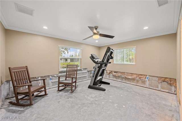 exercise room featuring ornamental molding, plenty of natural light, and ceiling fan