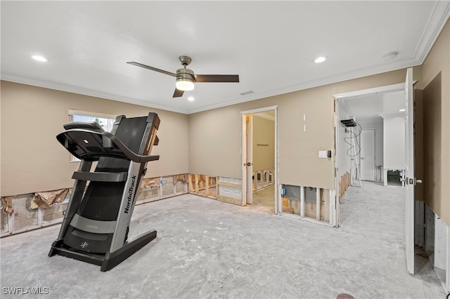 workout room with ornamental molding and ceiling fan