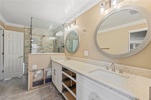 bathroom featuring vanity, tiled shower, crown molding, and concrete flooring