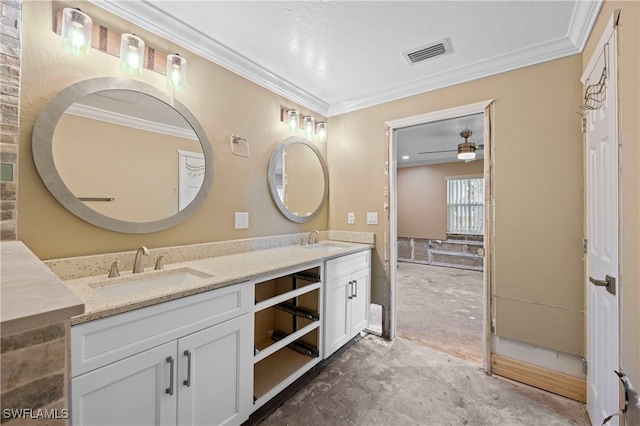 bathroom with vanity, ornamental molding, and ceiling fan