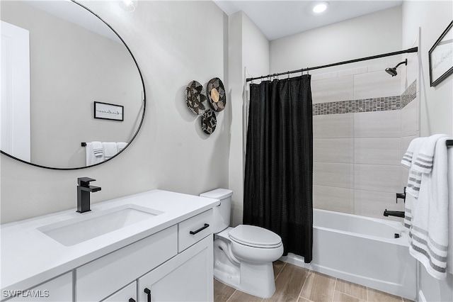 full bathroom with vanity, toilet, and shower / bathtub combination with curtain