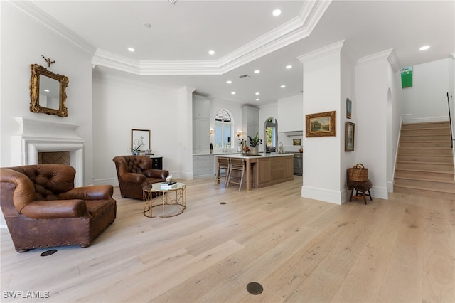 living area featuring sink, light wood-type flooring, crown molding, and a tray ceiling