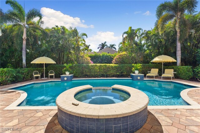 view of pool with an in ground hot tub and a patio