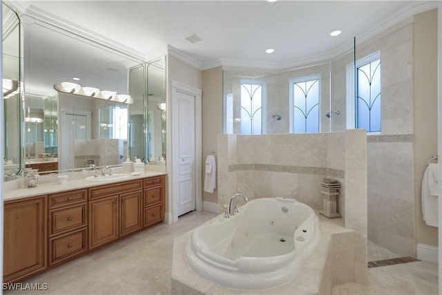 bathroom with vanity, independent shower and bath, and ornamental molding