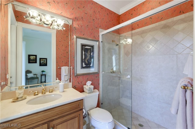 bathroom with vanity, an enclosed shower, and toilet