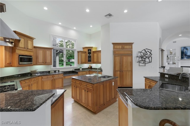 kitchen with appliances with stainless steel finishes, sink, a large island with sink, and dark stone counters