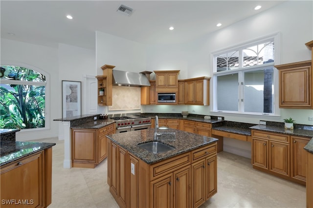 kitchen featuring appliances with stainless steel finishes, an island with sink, plenty of natural light, and sink