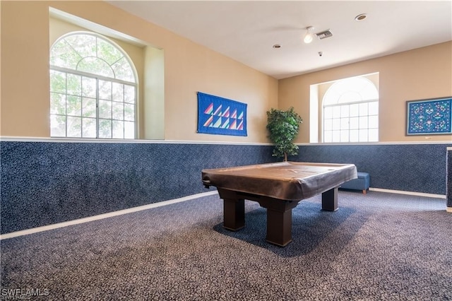 rec room featuring pool table, dark carpet, and plenty of natural light