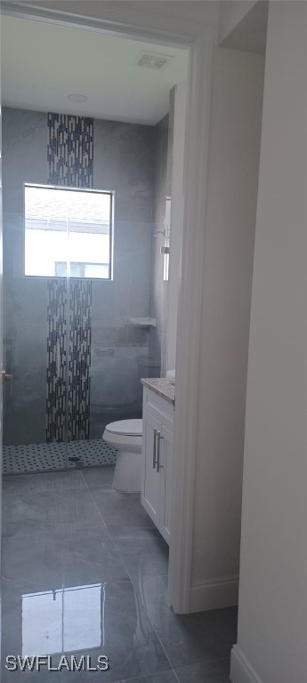 bathroom with vanity, walk in shower, and toilet