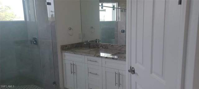 bathroom featuring a wealth of natural light, vanity, and a shower with shower door