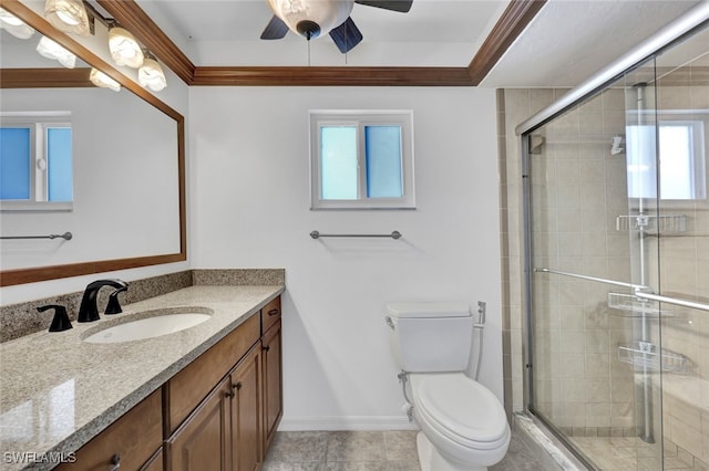 bathroom with vanity, toilet, a wealth of natural light, and a shower with door