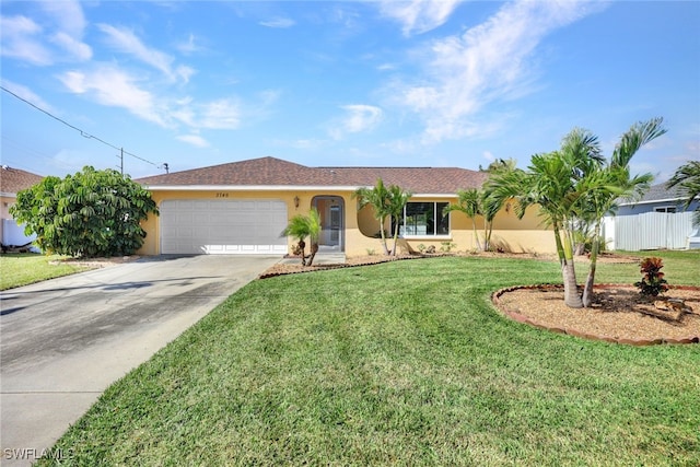 single story home featuring a front yard and a garage