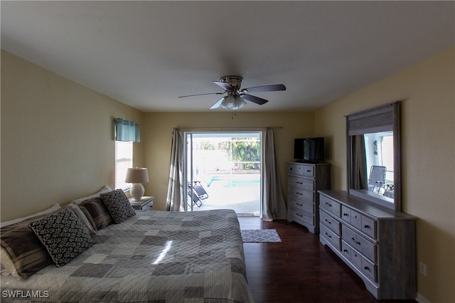 bedroom featuring access to exterior, dark hardwood / wood-style floors, and ceiling fan