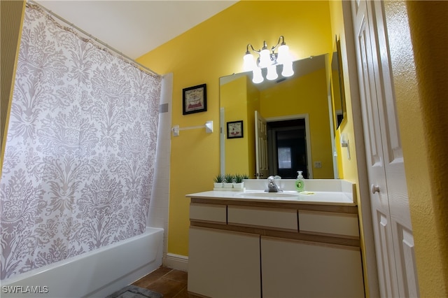 bathroom featuring vanity, shower / bath combination with curtain, and tile patterned flooring