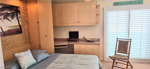 carpeted bedroom featuring built in desk