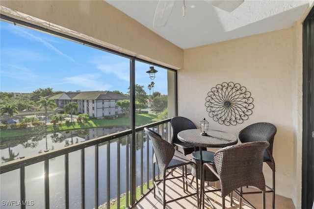 interior space with a water view