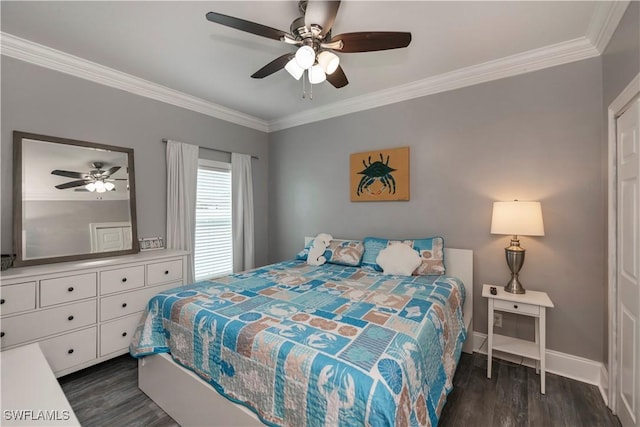 bedroom featuring ceiling fan, dark wood-type flooring, and ornamental molding