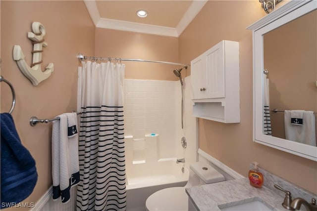 full bathroom with vanity, toilet, shower / bath combo with shower curtain, and crown molding