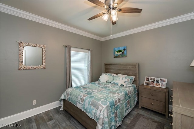 bedroom with ceiling fan, ornamental molding, and dark wood-type flooring