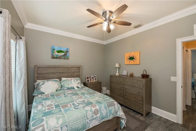 bedroom with dark hardwood / wood-style flooring, ceiling fan, and ornamental molding