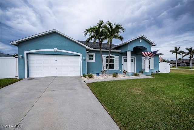 single story home featuring a garage and a front lawn