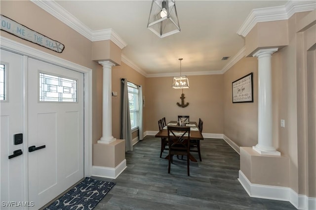 dining area featuring a chandelier, dark wood-type flooring, and ornamental molding