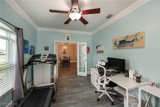 office space featuring french doors, dark hardwood / wood-style floors, and ornamental molding