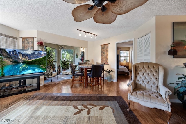 interior space with ceiling fan, hardwood / wood-style flooring, a textured ceiling, and track lighting