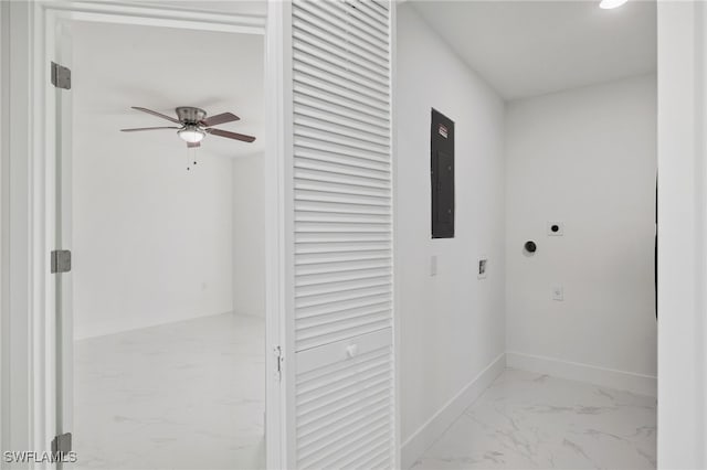 laundry area with electric panel, ceiling fan, and electric dryer hookup