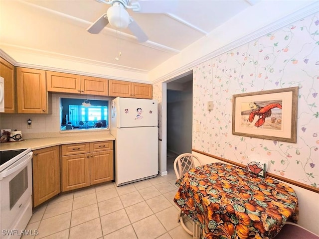 kitchen featuring white appliances, light tile patterned floors, wallpapered walls, ceiling fan, and light countertops