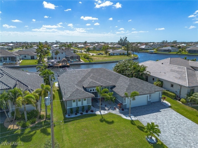 drone / aerial view featuring a water view