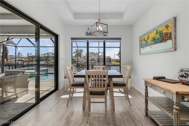 dining room featuring a water view, a tray ceiling, and light wood-type flooring