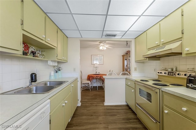 kitchen featuring electric range, dishwasher, ceiling fan, sink, and dark hardwood / wood-style floors