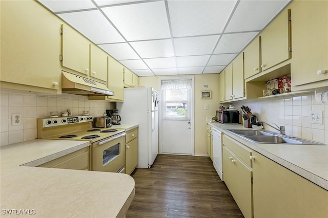 kitchen with cream cabinetry, white appliances, dark hardwood / wood-style floors, and sink