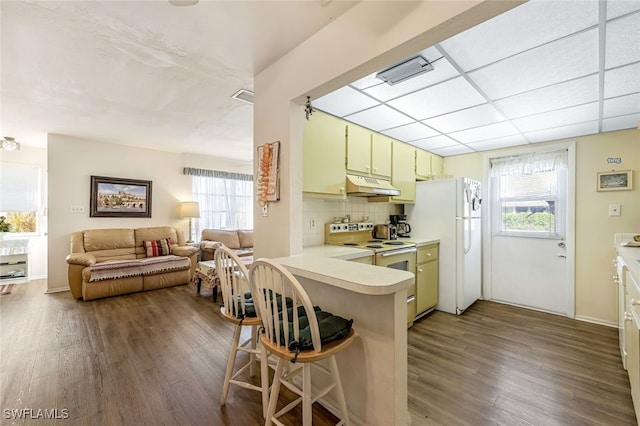 kitchen featuring a breakfast bar area, kitchen peninsula, a healthy amount of sunlight, and white appliances