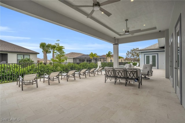 view of patio featuring ceiling fan and an outdoor hangout area