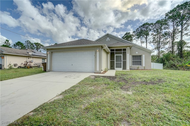 ranch-style home with a front lawn and a garage