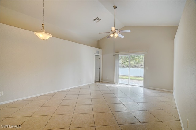 unfurnished room featuring high vaulted ceiling, ceiling fan, and light tile patterned flooring