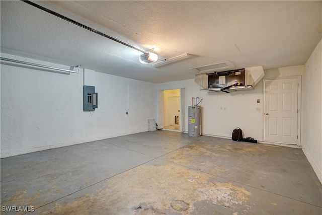 garage with electric panel, a garage door opener, and water heater